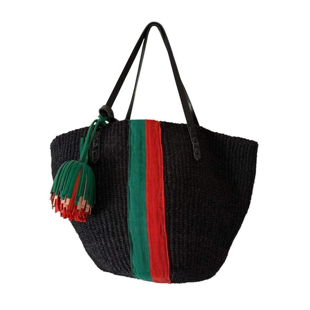 Clare V x Le Catch Sisal Tote Bag in Black Red Green Tassel Charm